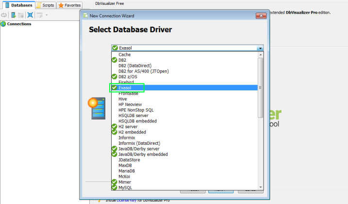 Connect DbVisualizer to Exasol - Select Database Driver